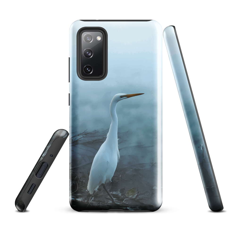Phone case with a white heron standing in a misty wetland scene.