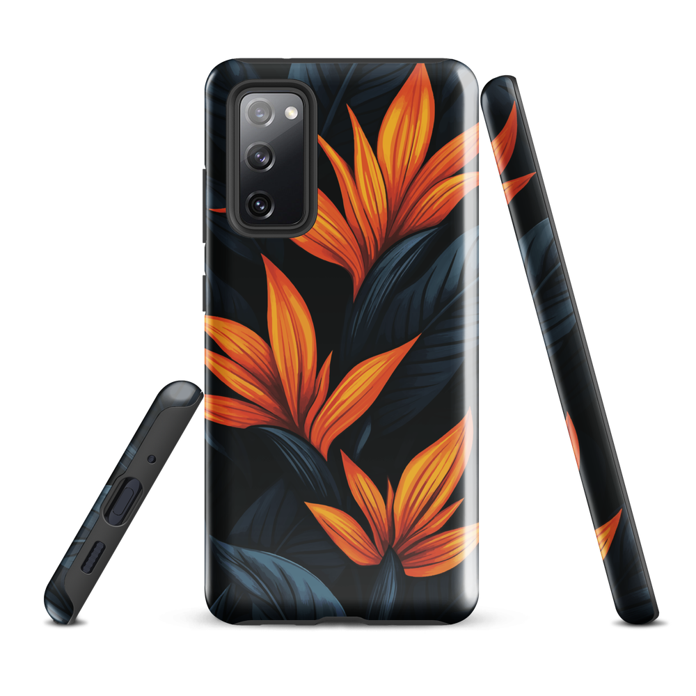 Phone case with bold orange bird of paradise flowers on dark background.
