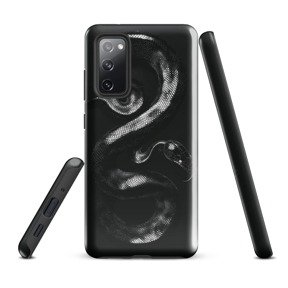 Phone case with detailed black python design on dark background.