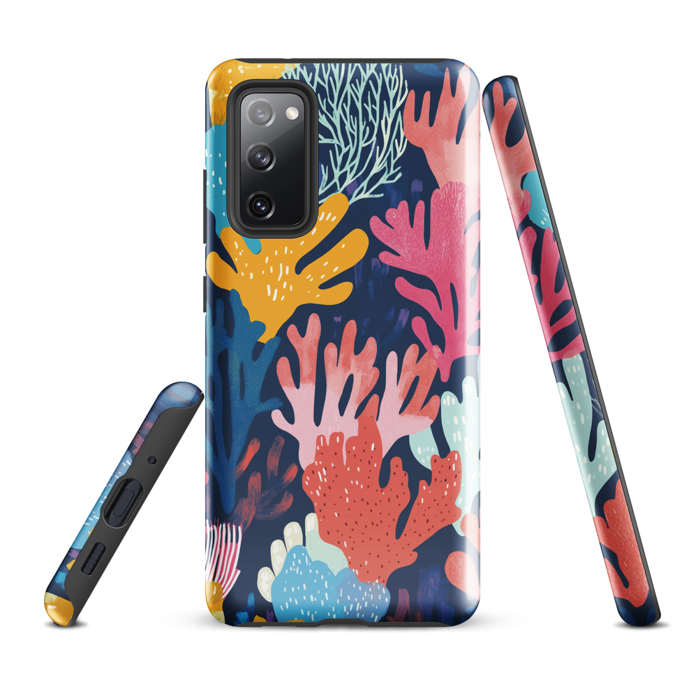 Colourful coral reef phone case design in pink, blue and yellow by NZ artist Ben Hart