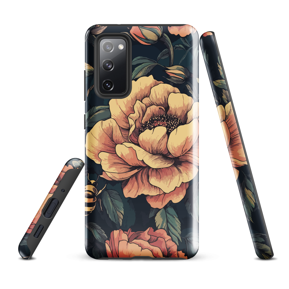 Phone case with vintage-style pink roses and bees on dark background, floral New Zealand artwork.