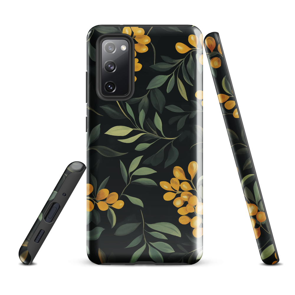 NZ Kowhai phone case with native yellow floral and green leaves on black background by designer Ben Hart.