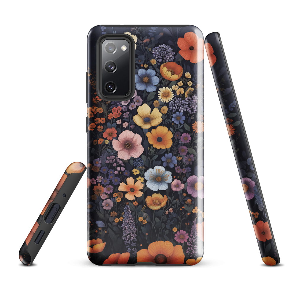 Phone case with colourful wildflowers on dark background, floral art design