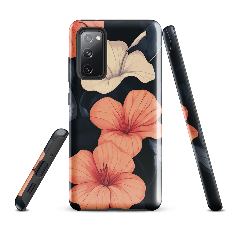 Phone case with coral hibiscus flowers and ivory blooms on dark background