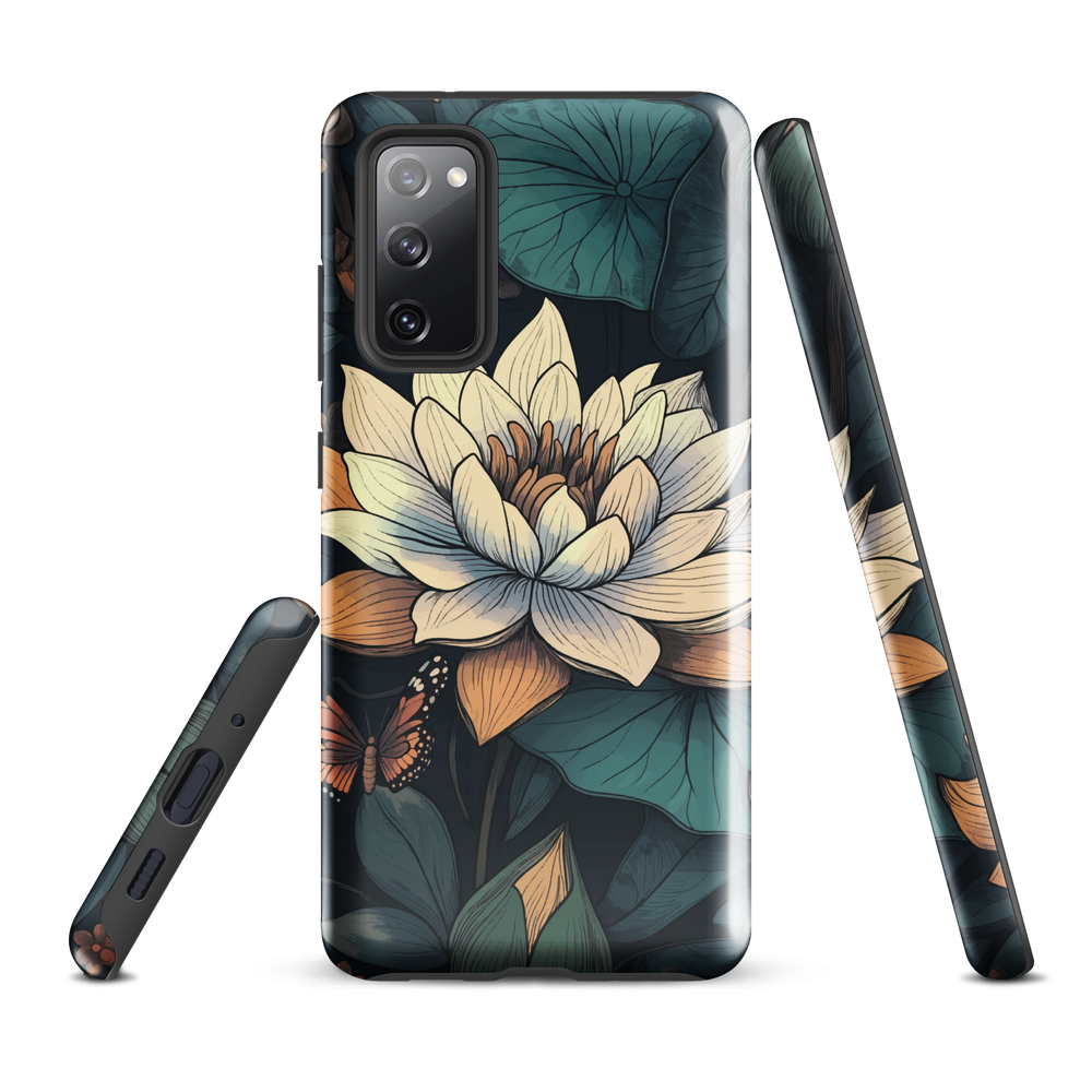 Phone case with ivory water lily, green leaves, and butterfly accents on dark background