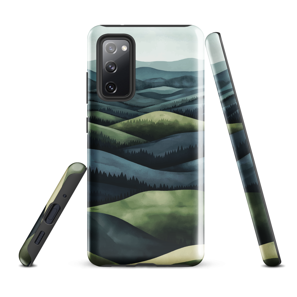 Phone case with layered mountain and forest landscape in blue and green hues