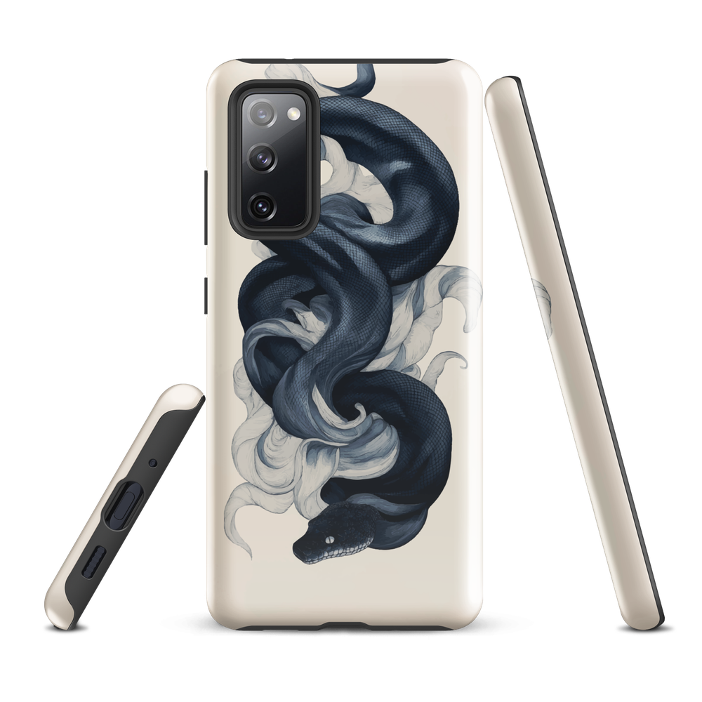 Phone case with black python and smoke design on cream background, serpent art by NZ artist Ben Hart.