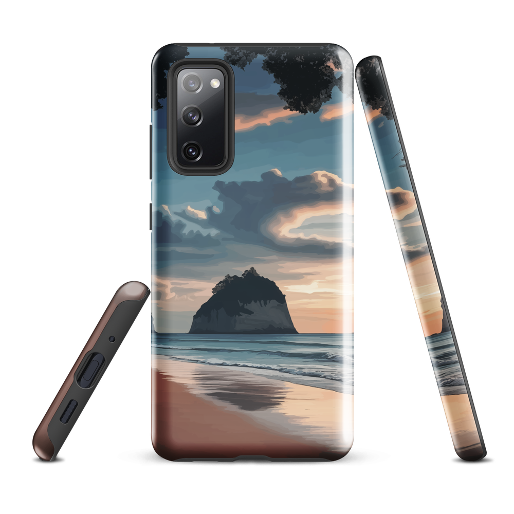Phone case with Cathedral Cove beach and sunset scene, featuring soft skies and sea stack, by NZ artist Ben Hart.