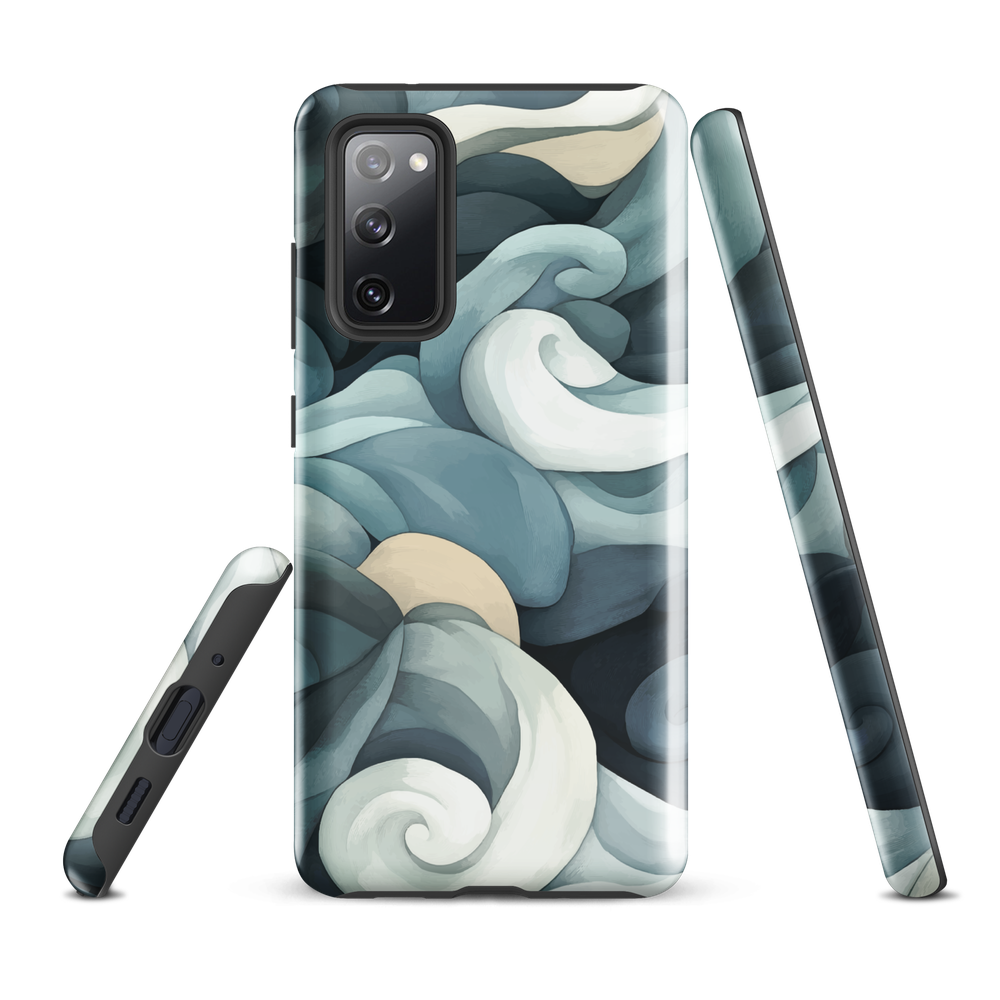 Phone case with abstract swirling ocean waves in blue and cream
