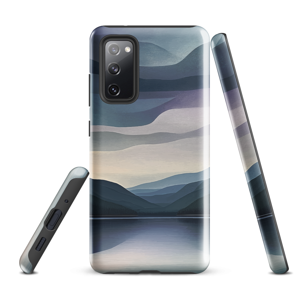 Phone case with moody blue and purple layered mountain and lake landscape artwork