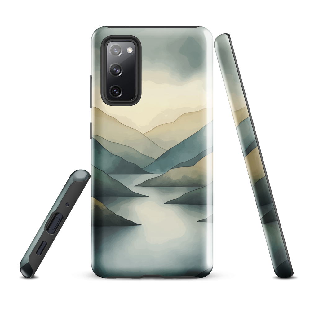Phone case with soft mountain and valley design in misty green, blue, and golden tones