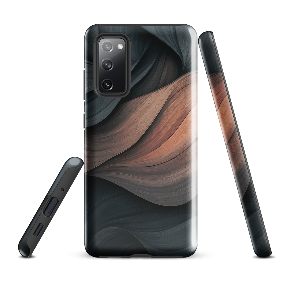 Phone case with flowing abstract design in black, copper and charcoal tones, inspired by dusk shadows