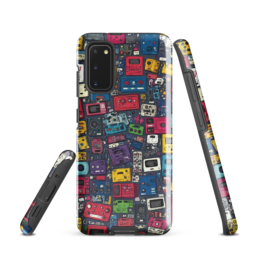 'Arcade' Samsung case, featuring a vibrant collage of hand-drawn controllers in bold, vintage-inspired colours. From electric blue and hot pink to classic black and yellow