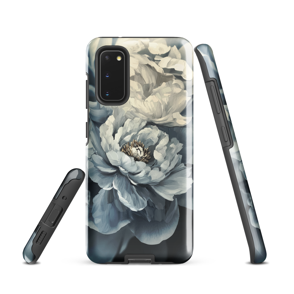 'Whisper' Samsung case features a stunning close-up of softly painted peony blooms in dreamy shades of ivory, grey, and smoky blue.