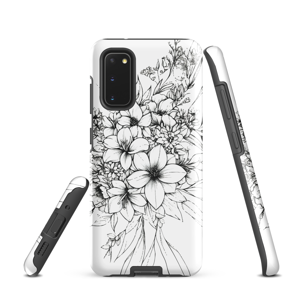 Black and white floral phone case with hand-drawn lilies and wildflowers