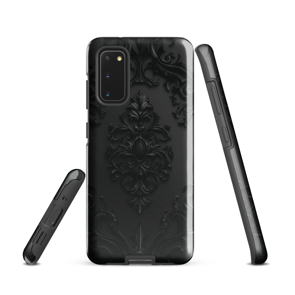 Black embossed damask phone case with gothic baroque pattern.