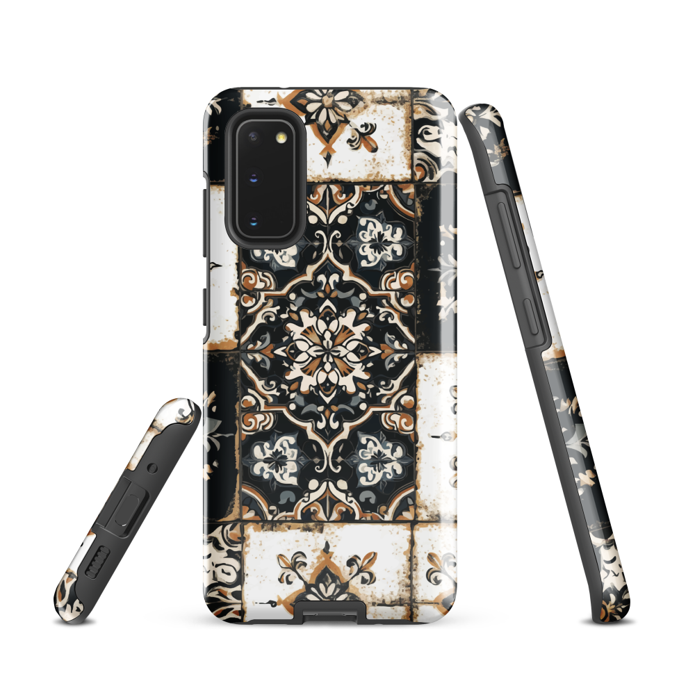 Moroccan tile pattern phone case in black, white, and gold tones with vintage-inspired design.