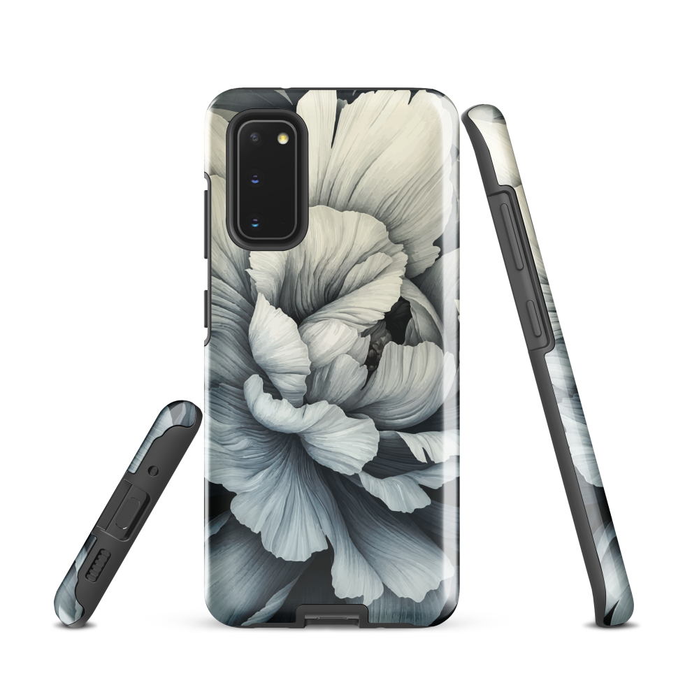 Black and white floral phone case featuring a soft, moody peony design by New Zealand artist Ben Hart.