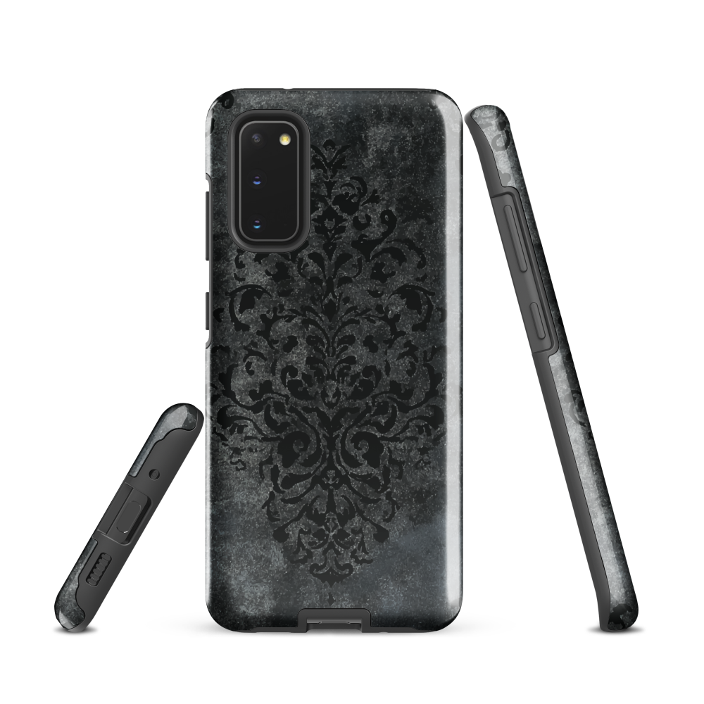 Dark damask patterned phone case with a vintage gothic aesthetic and textured stone background.