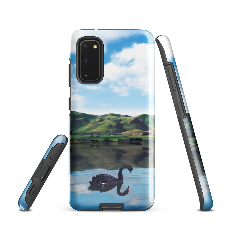 Phone case with a black swan on a calm lake, New Zealand hills in the background. Art by NZ designer Ben Hart.