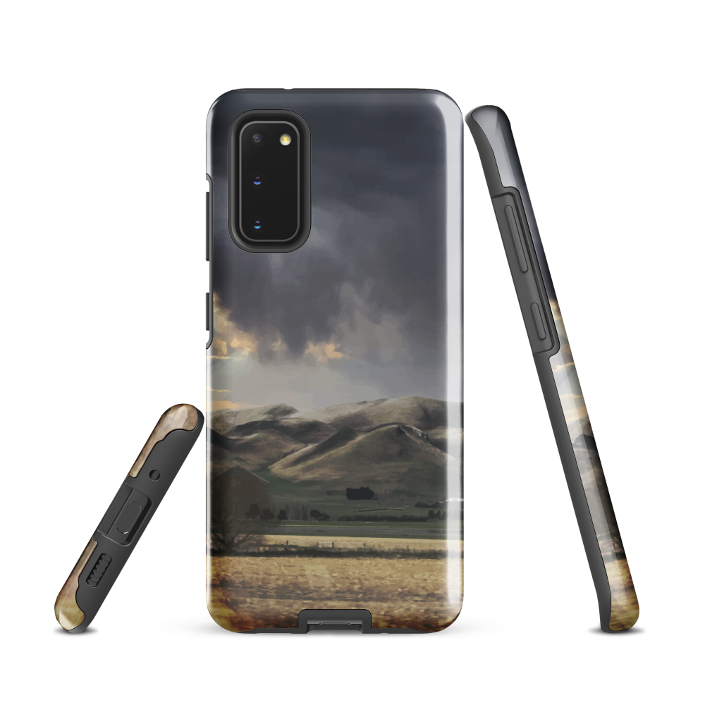 Designer phone case with NZ landscape painting of Te Hauke and cloudy skies by Ben Hart.