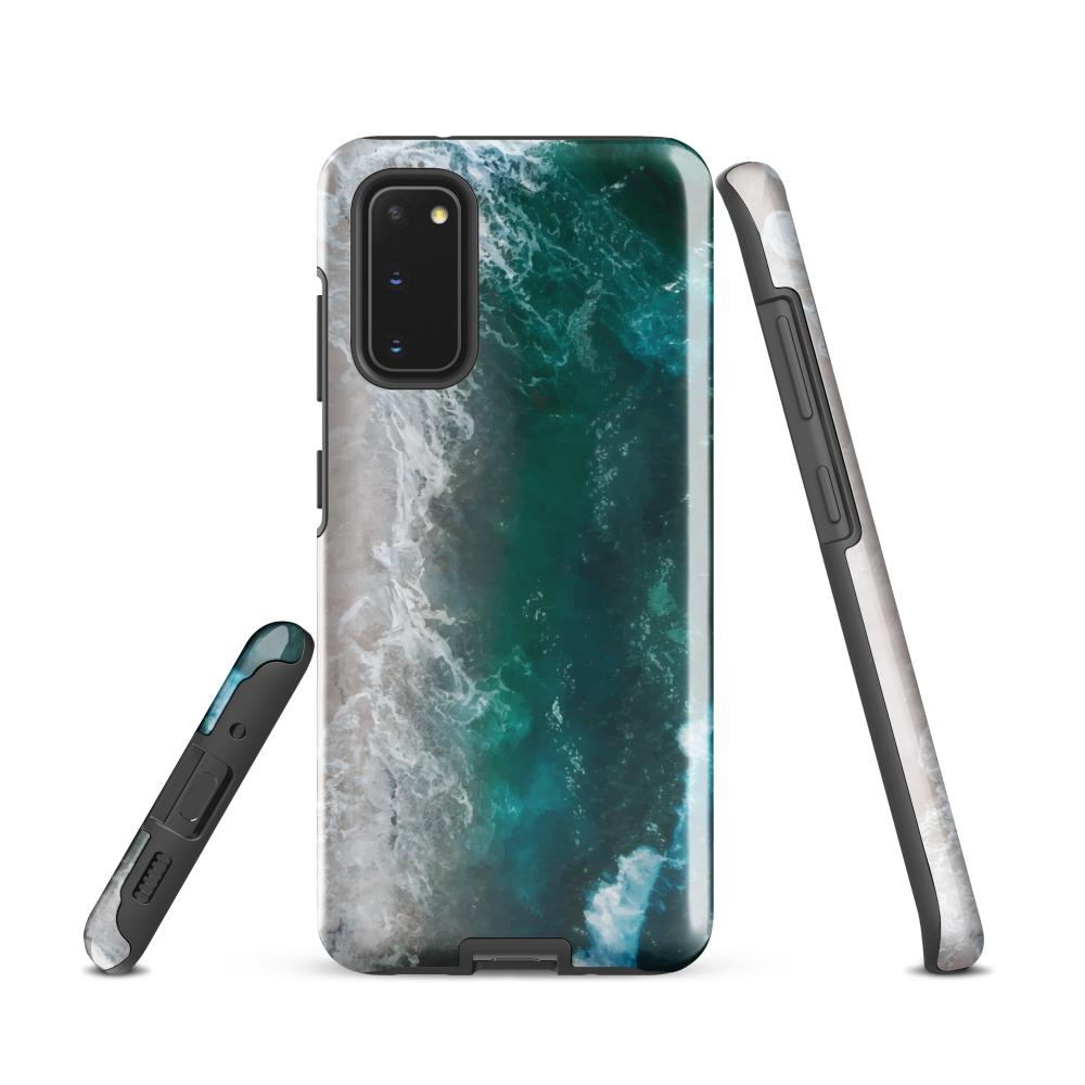 Ocean wave phone case with abstract beach design in teal and white, by NZ artist Ben Hart.