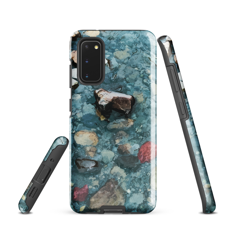 Washed Away designer phone case with abstract river stone artwork in earthy blues and natural tones.