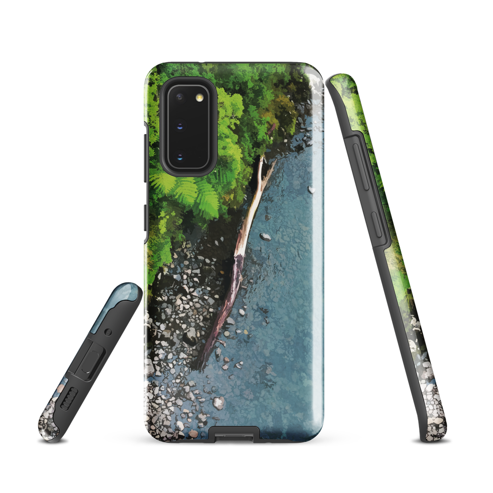 Resting Place phone case with aerial artwork of river rocks, green bush, and driftwood in a New Zealand stream.