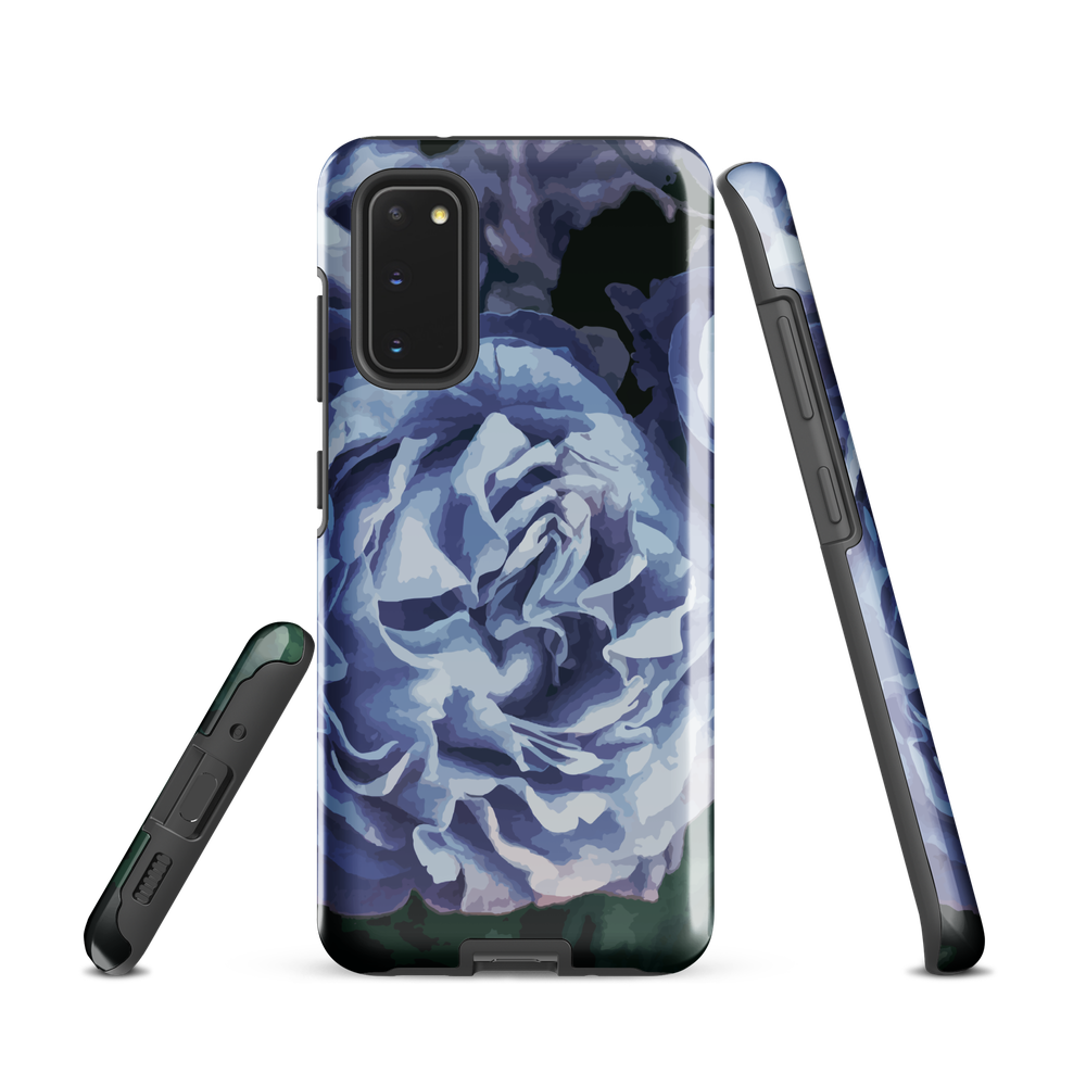 Designer phone case with a bold blue rose artwork and glossy finish.