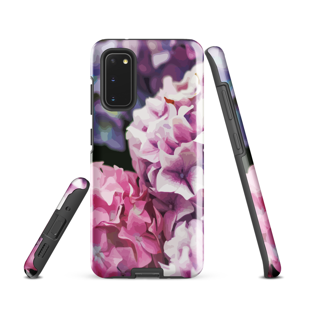 Designer phone case with pink and purple hydrangea floral artwork.