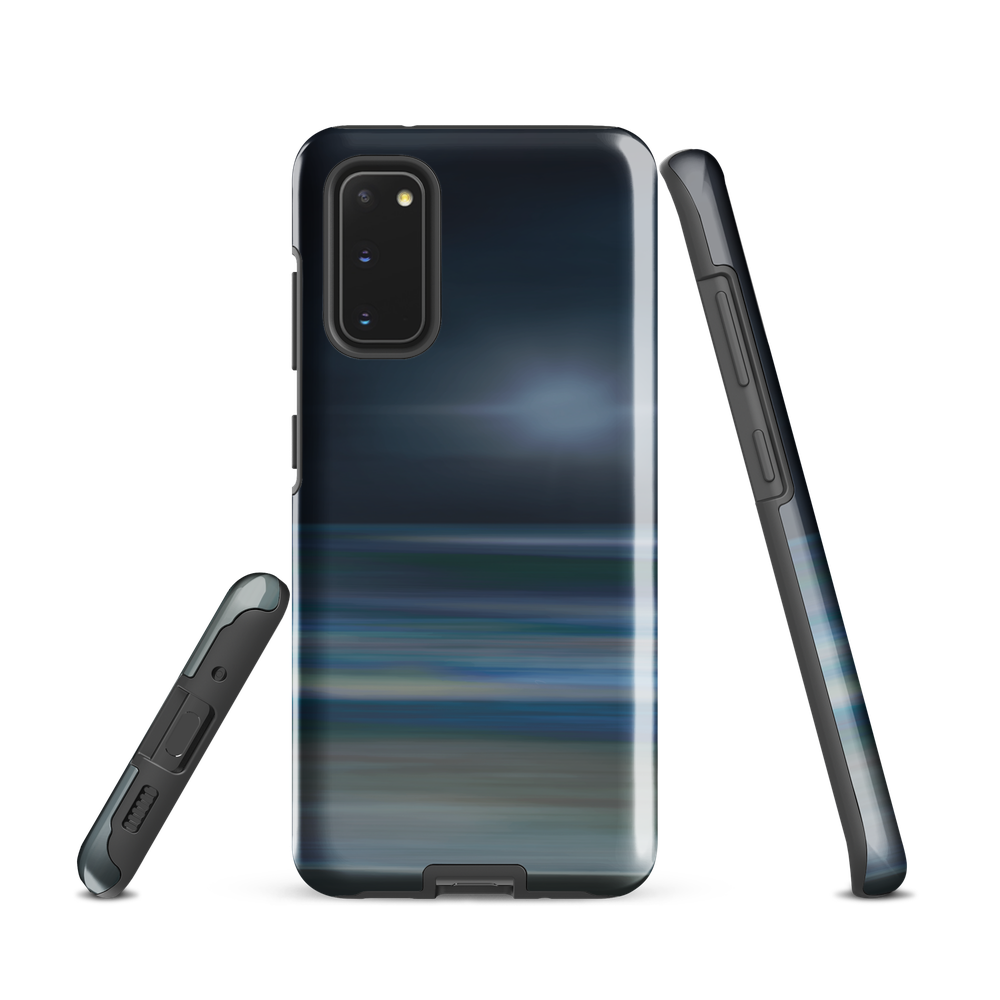 Dark abstract phone case with blue and grey streaks and glossy finish.