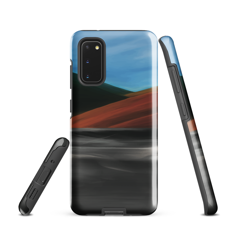 Phone case with abstract red, green, and blue heat wave landscape design.