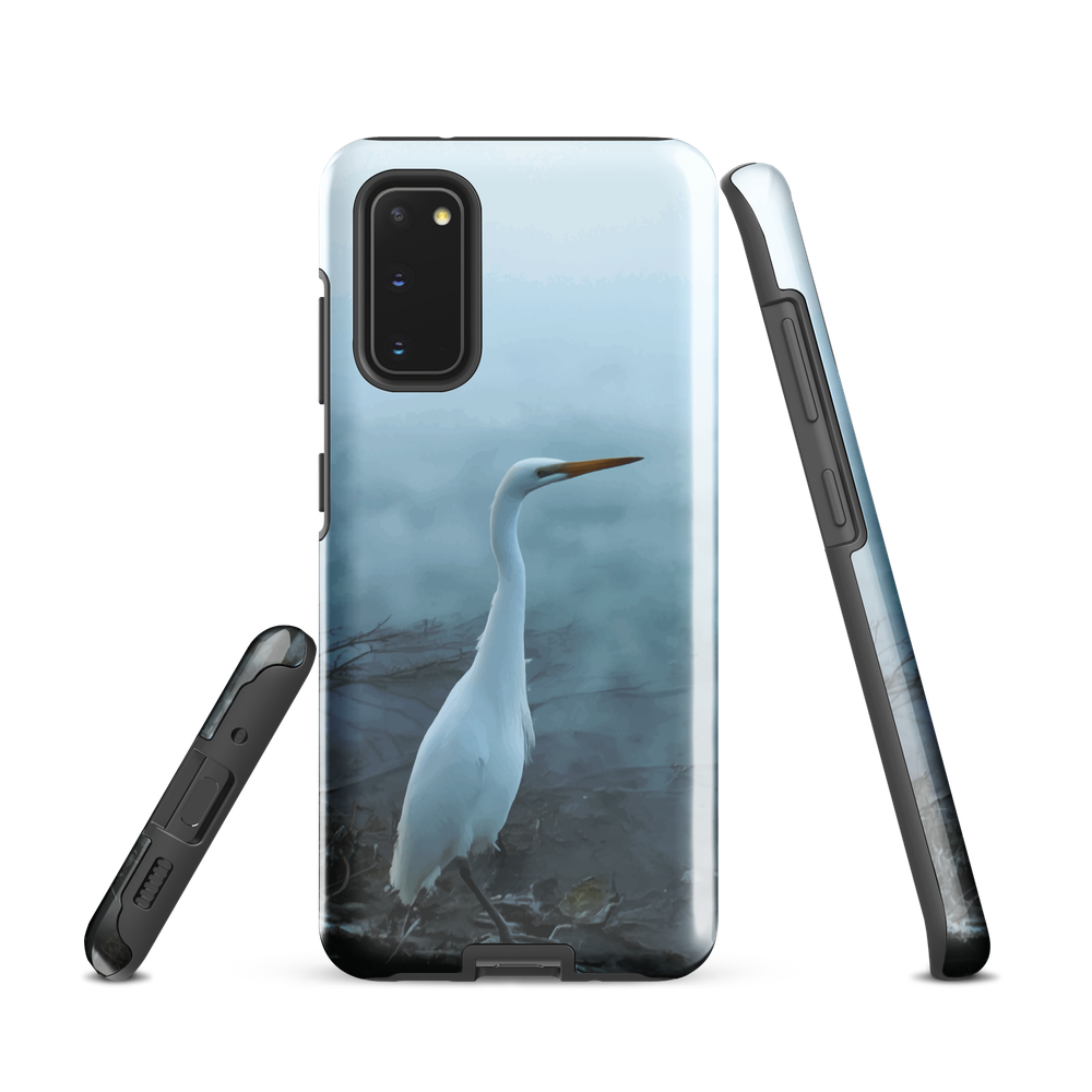 Phone case with a white heron standing in a misty wetland scene.