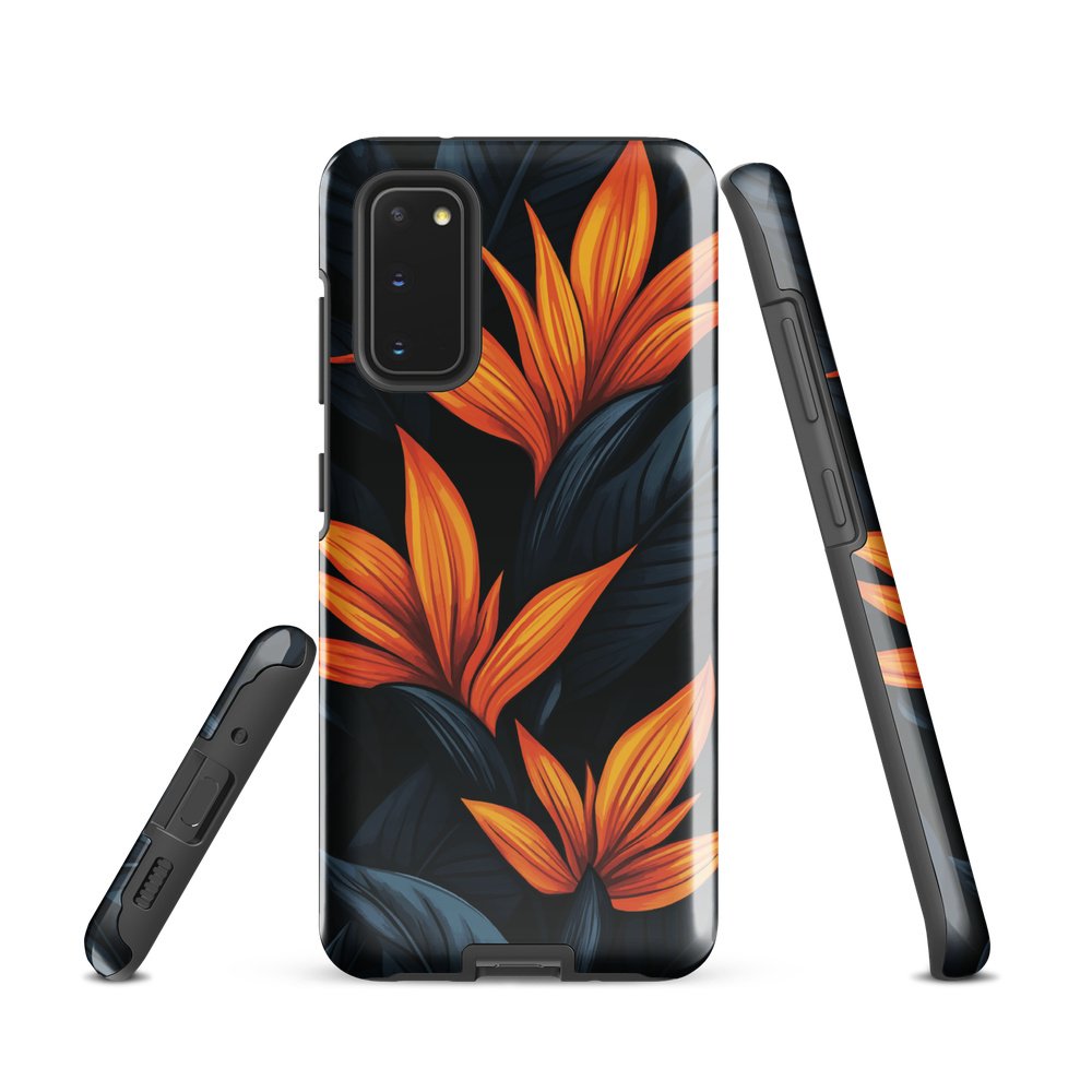 Phone case with bold orange bird of paradise flowers on dark background.