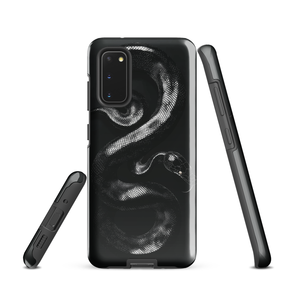 Phone case with detailed black python design on dark background.