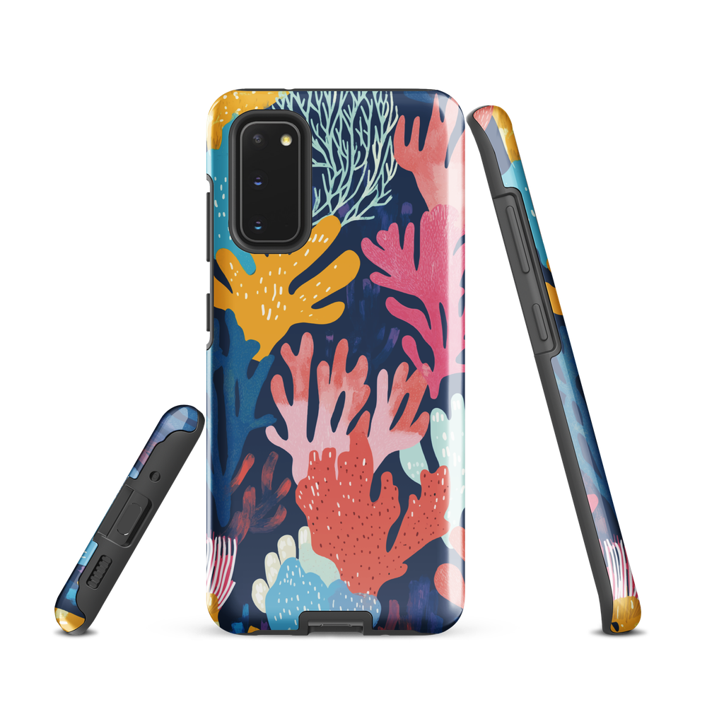 Colourful coral reef phone case design in pink, blue and yellow by NZ artist Ben Hart