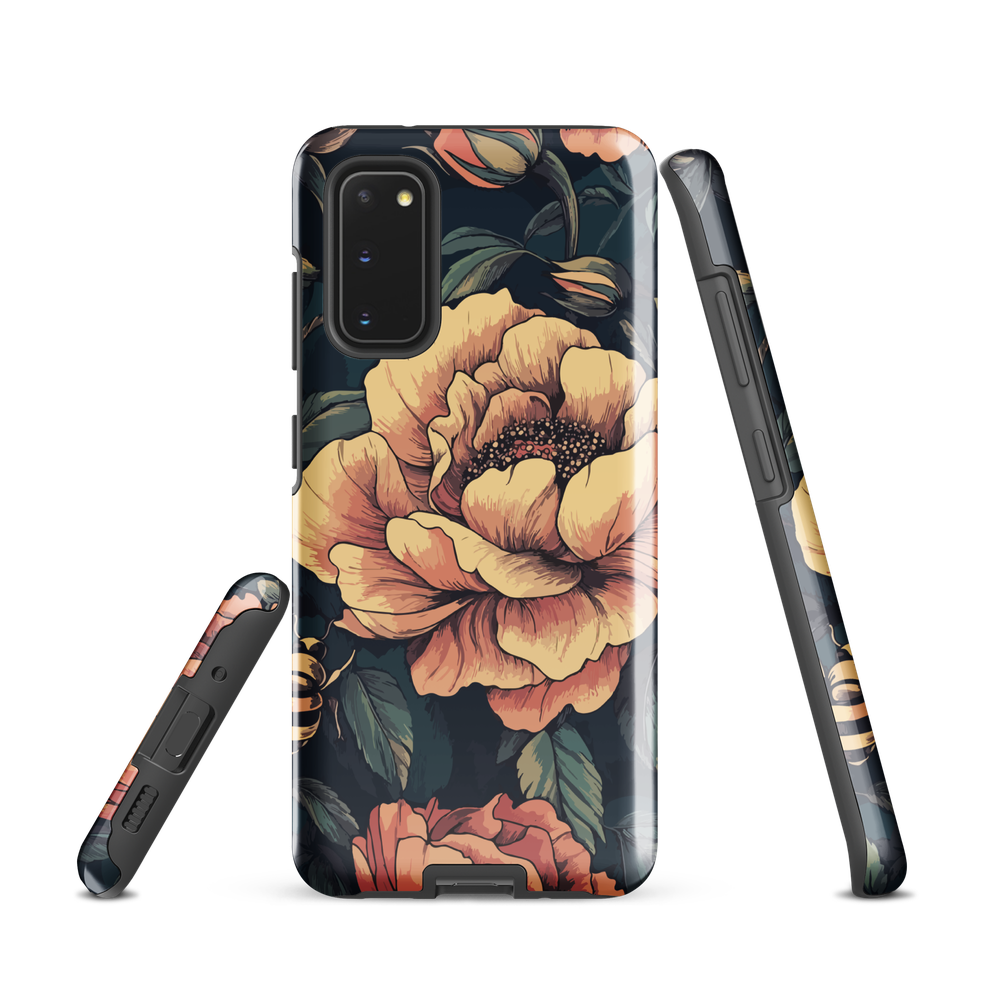 Phone case with vintage-style pink roses and bees on dark background, floral New Zealand artwork.