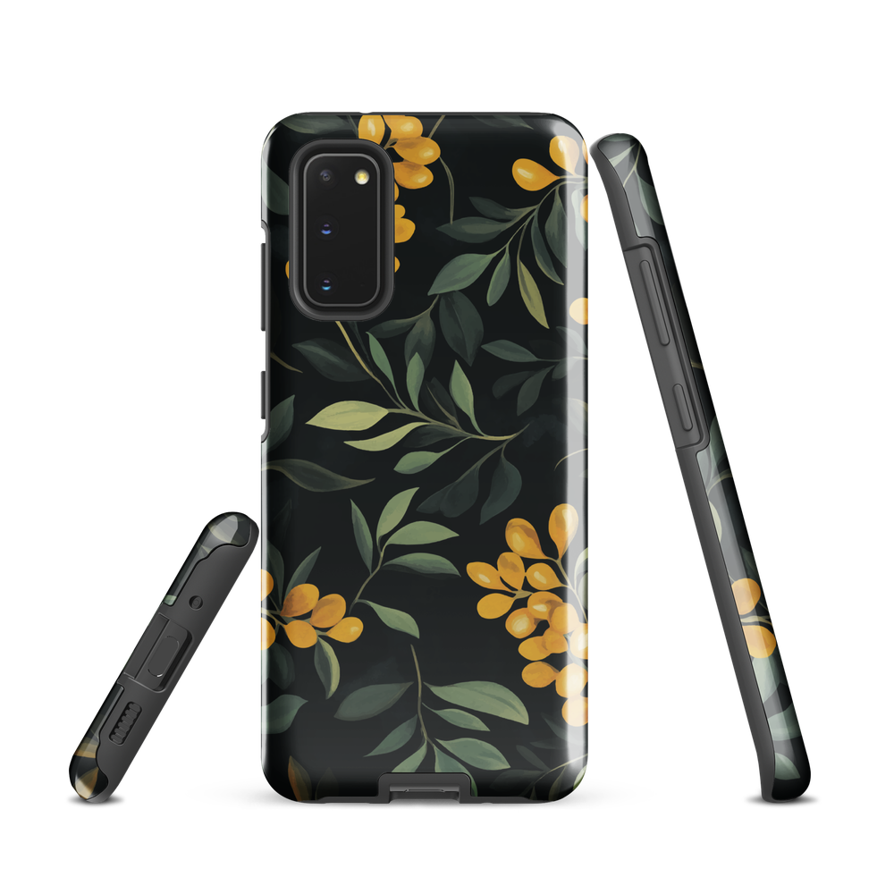 NZ Kowhai phone case with native yellow floral and green leaves on black background by designer Ben Hart.