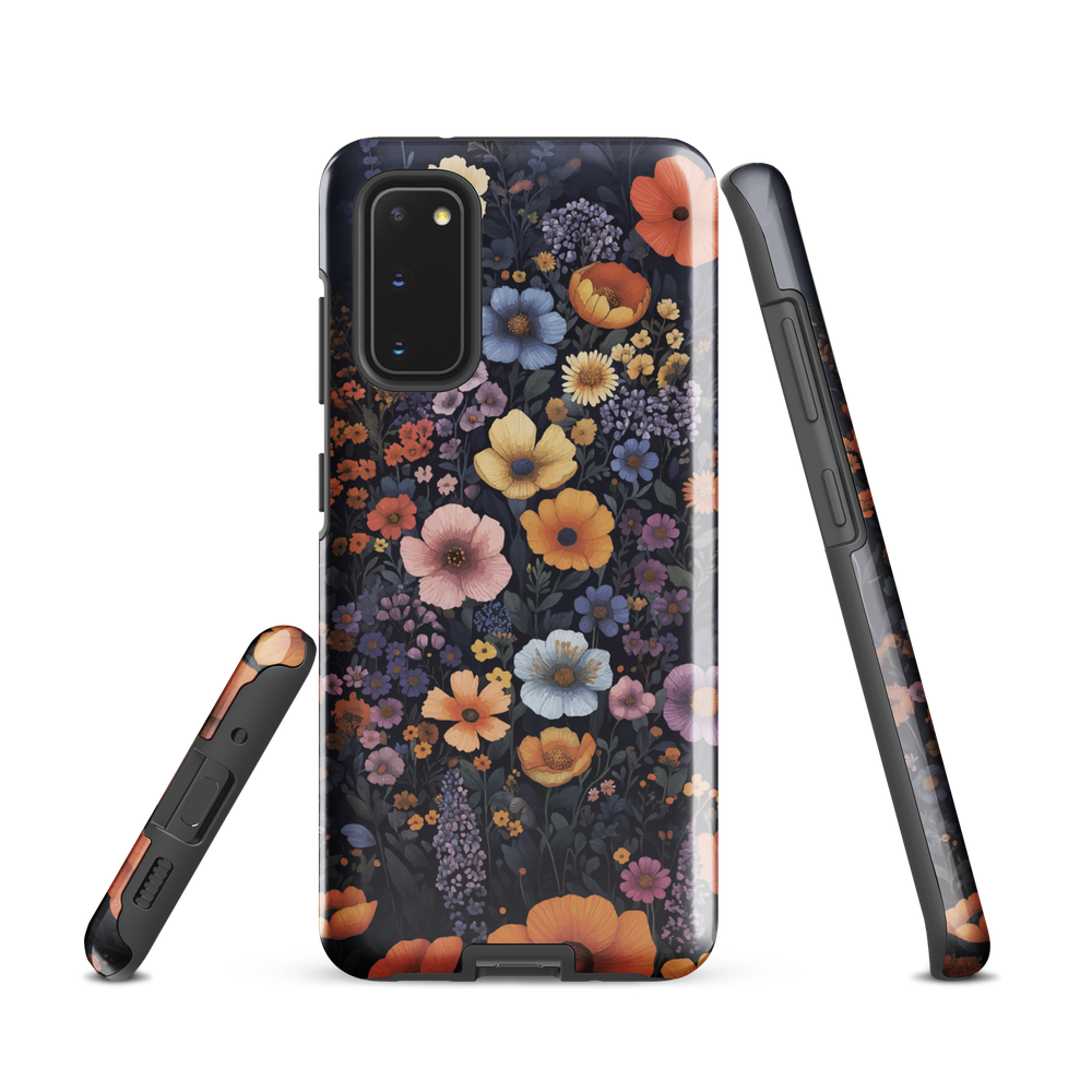 Phone case with colourful wildflowers on dark background, floral art design