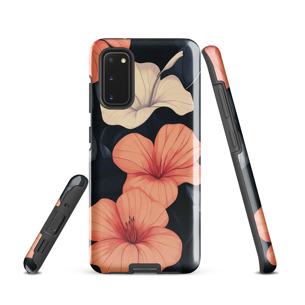 Phone case with coral hibiscus flowers and ivory blooms on dark background