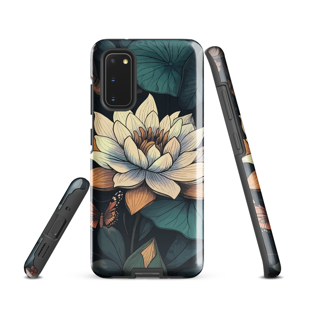 Phone case with ivory water lily, green leaves, and butterfly accents on dark background
