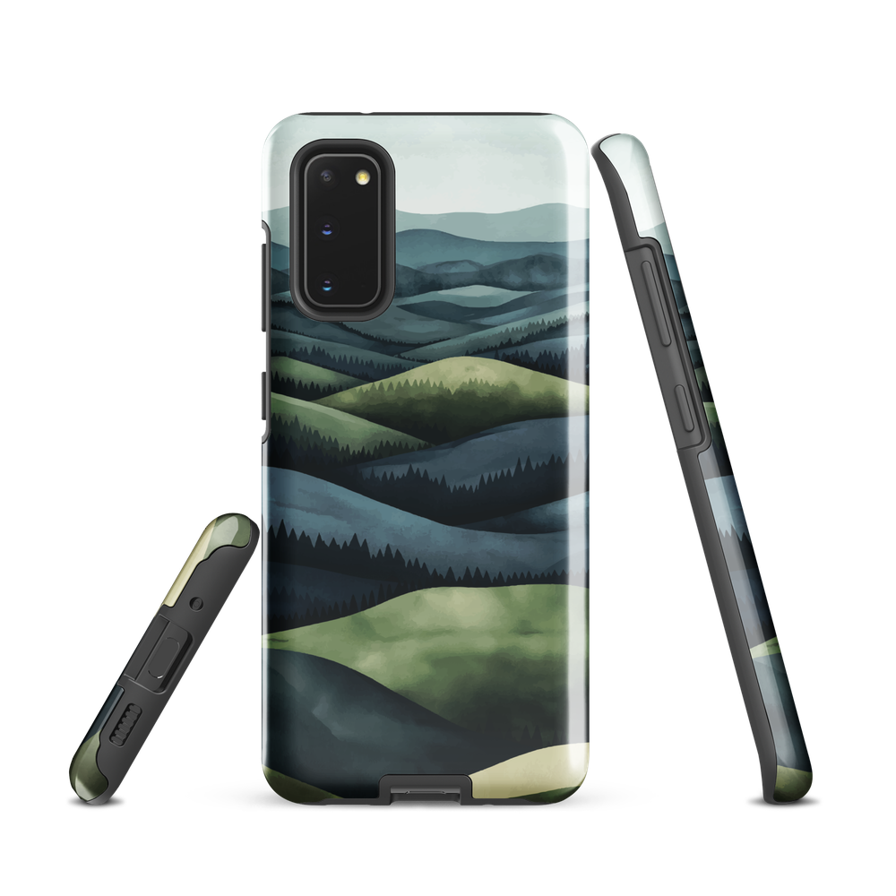 Phone case with layered mountain and forest landscape in blue and green hues