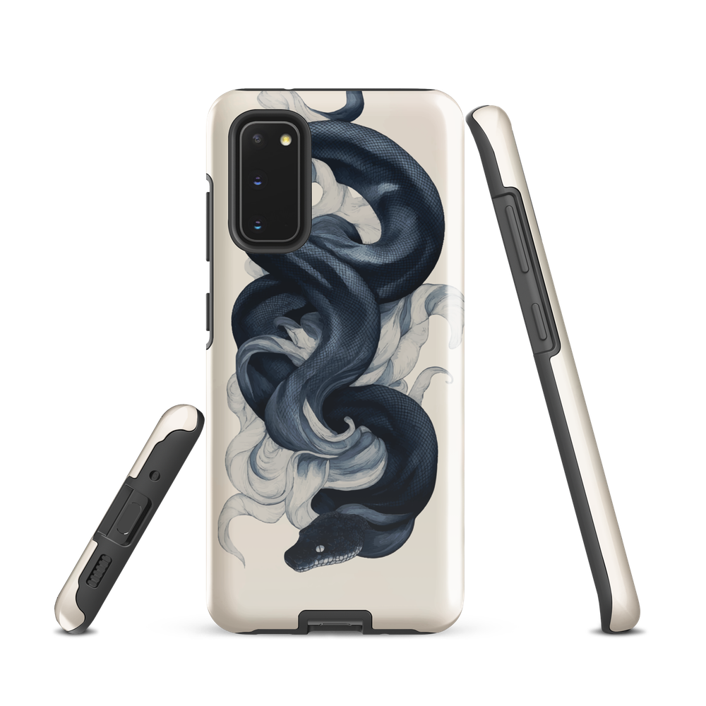 Phone case with black python and smoke design on cream background, serpent art by NZ artist Ben Hart.