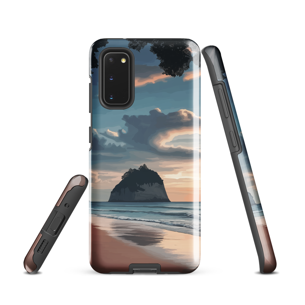 Phone case with Cathedral Cove beach and sunset scene, featuring soft skies and sea stack, by NZ artist Ben Hart.