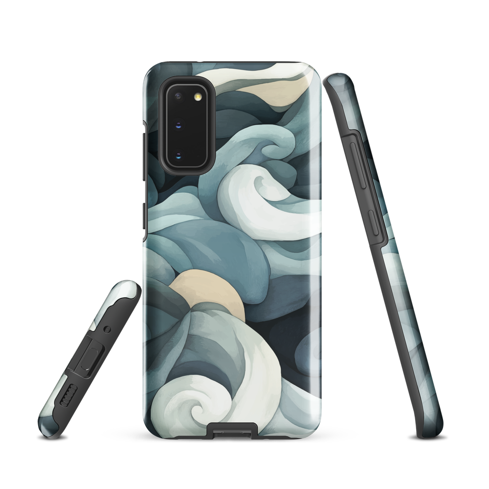 Phone case with abstract swirling ocean waves in blue and cream