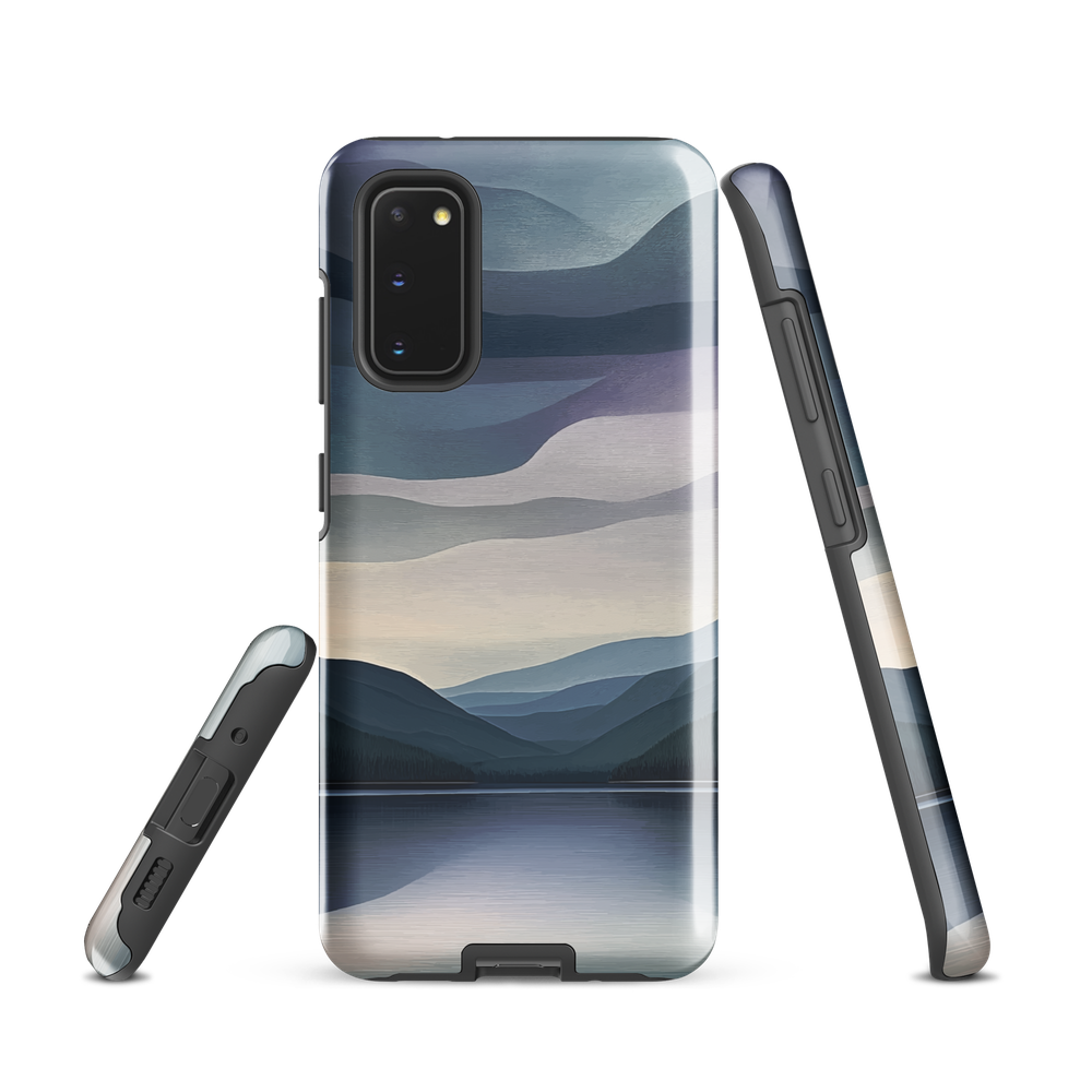Phone case with moody blue and purple layered mountain and lake landscape artwork