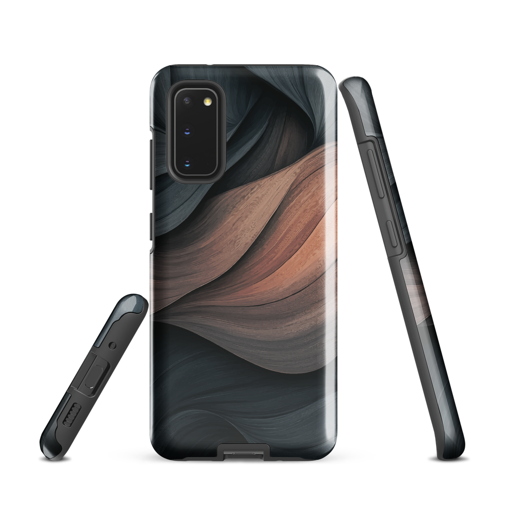 Phone case with flowing abstract design in black, copper and charcoal tones, inspired by dusk shadows
