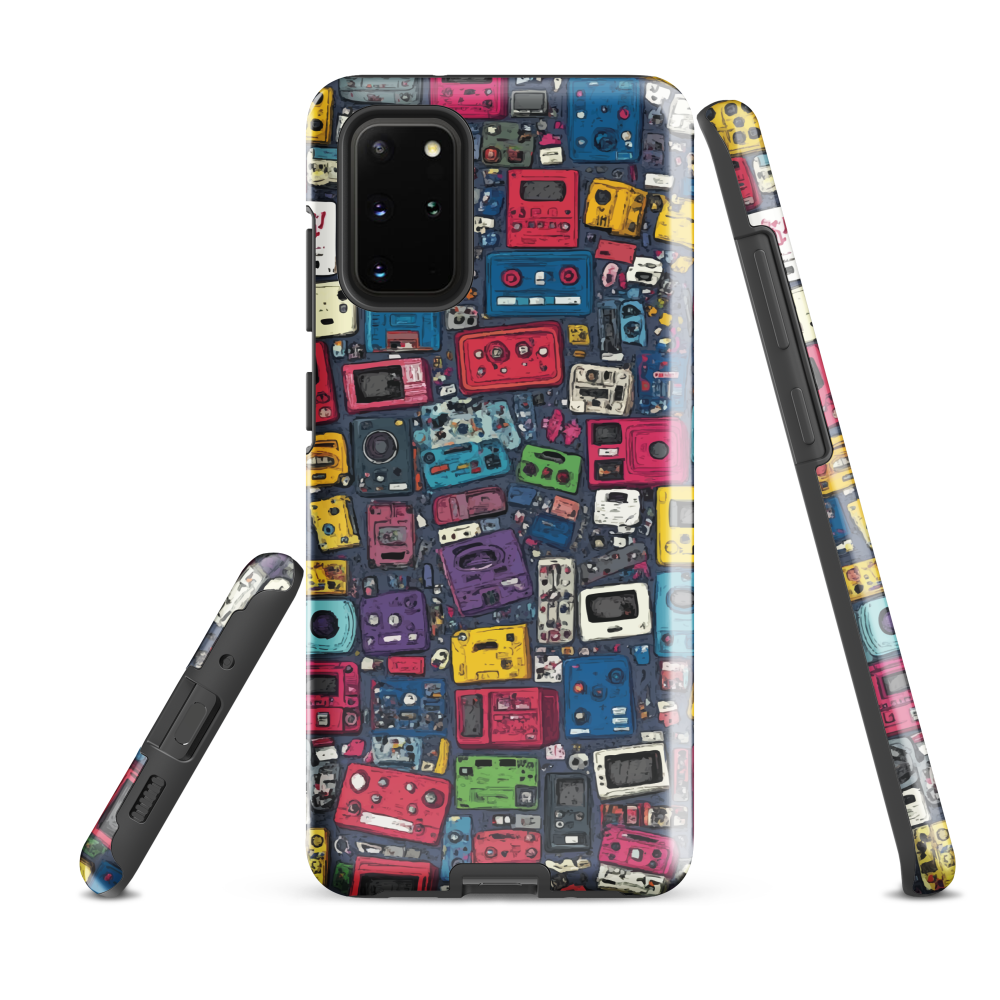 'Arcade' Samsung case, featuring a vibrant collage of hand-drawn controllers in bold, vintage-inspired colours. From electric blue and hot pink to classic black and yellow