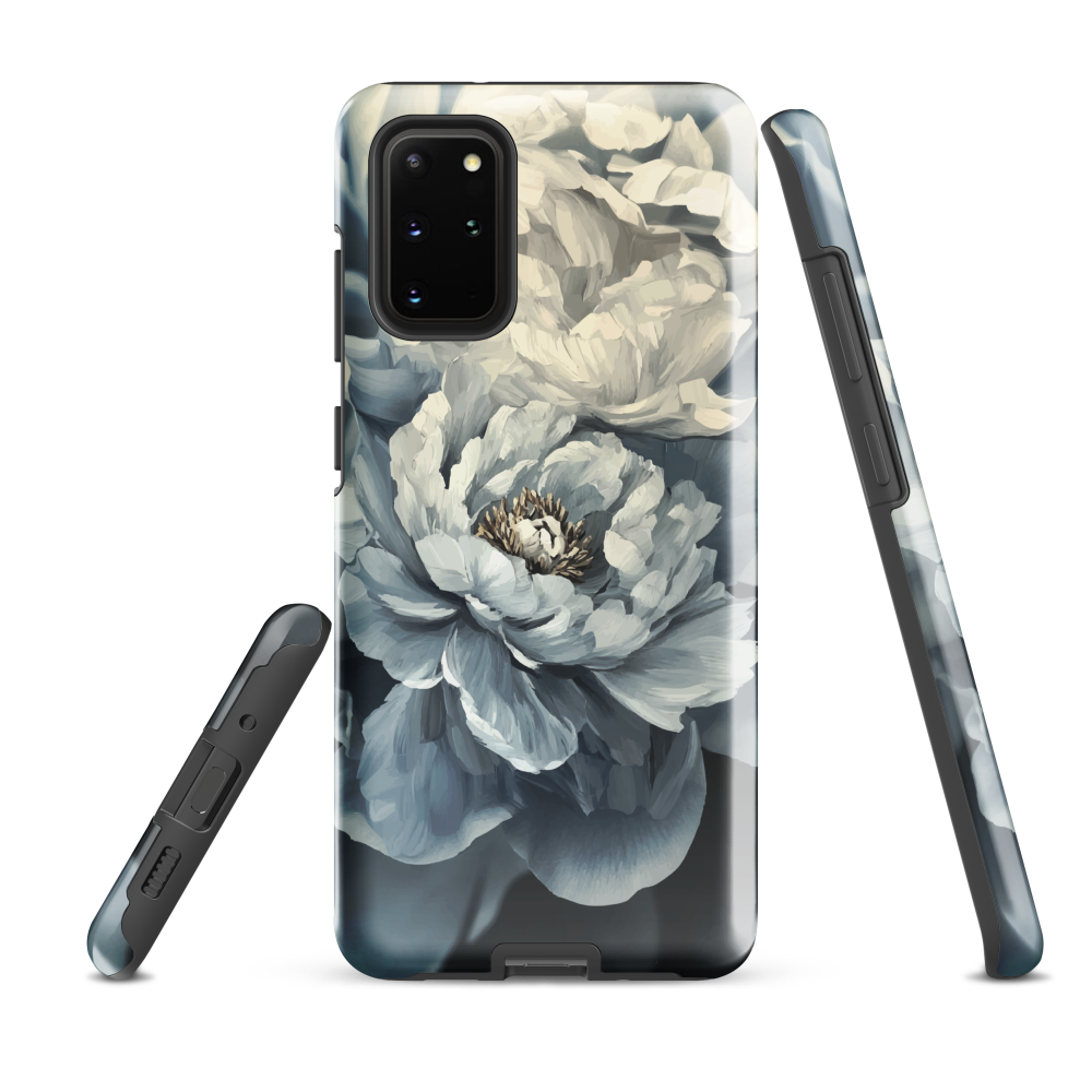 'Whisper' Samsung case features a stunning close-up of softly painted peony blooms in dreamy shades of ivory, grey, and smoky blue.