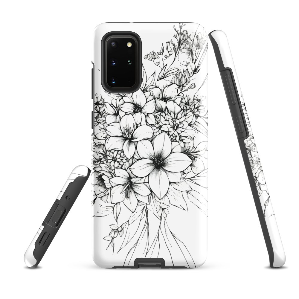 Black and white floral phone case with hand-drawn lilies and wildflowers